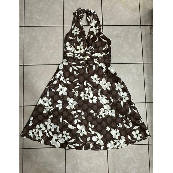 VTG Baby Doll Halter Floral Print Y2K Midi Dress Women 14 Neutral Brown Grunge - Picture 1 of 9